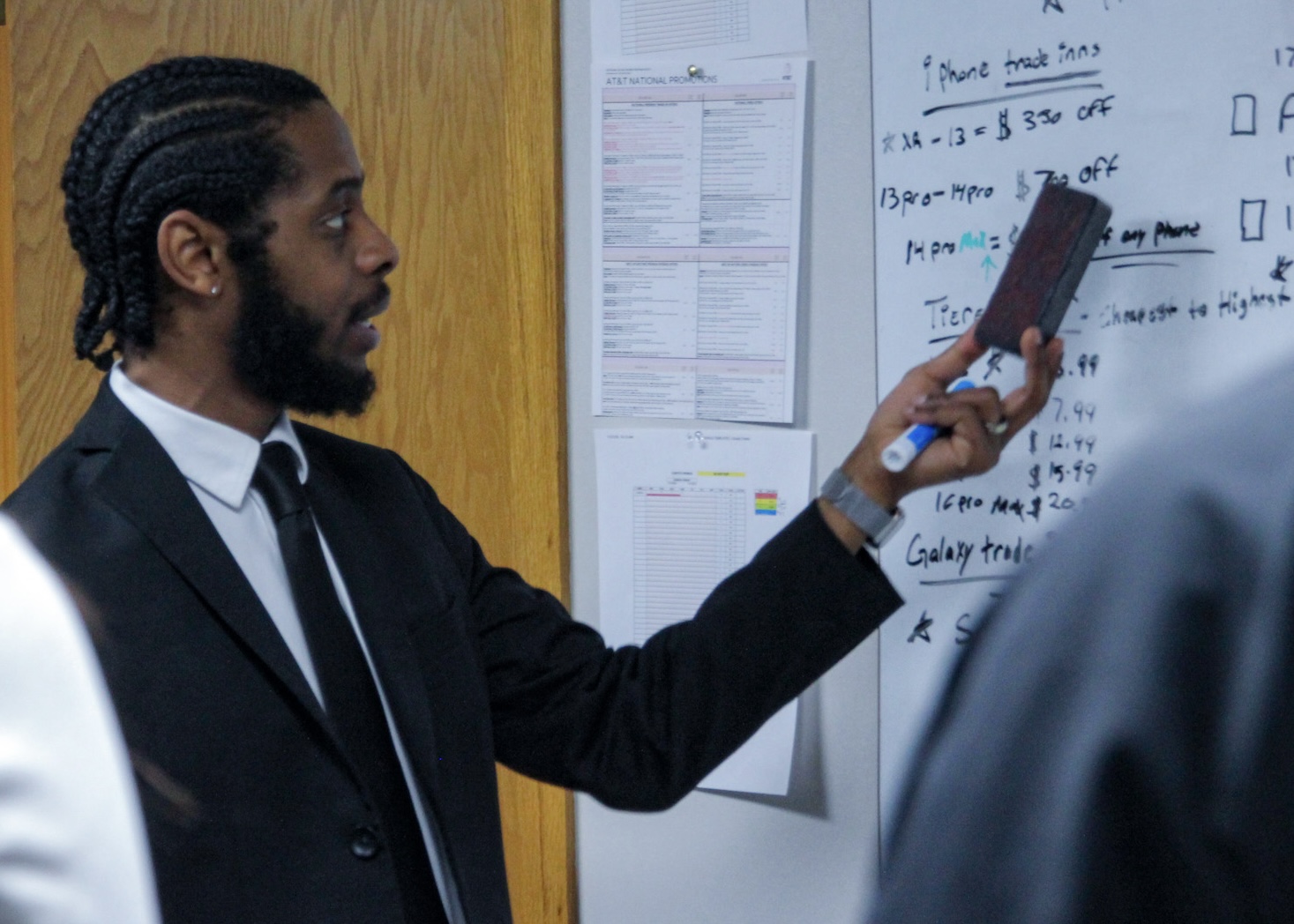 Team leader conducting a hands-on whiteboard training session on sales strategies